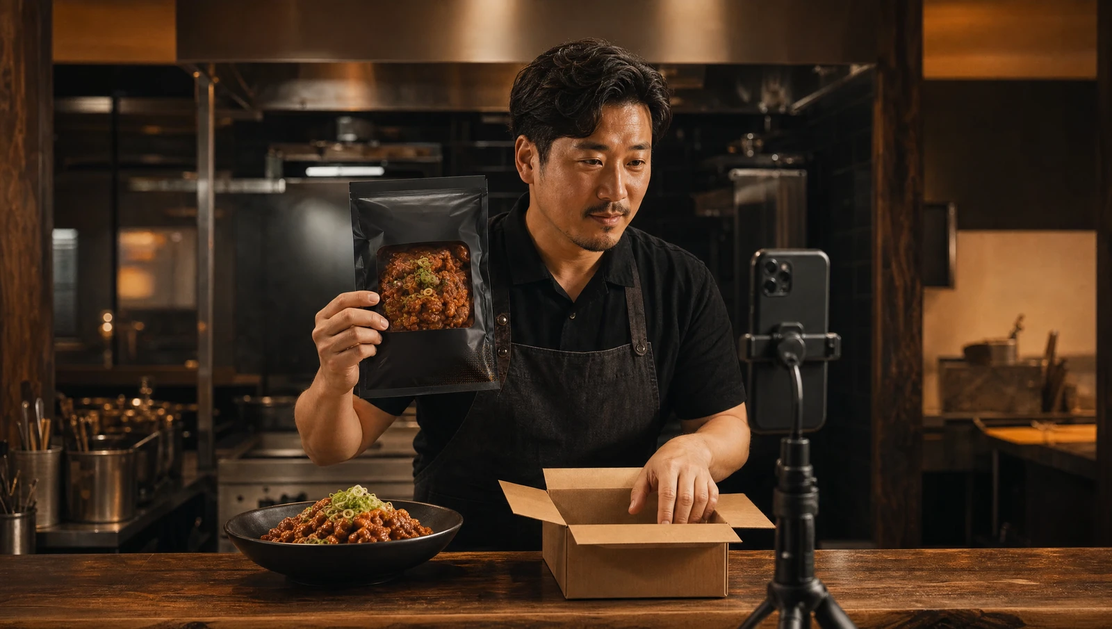 상품 파우치를 소개하고 포장하는 장면